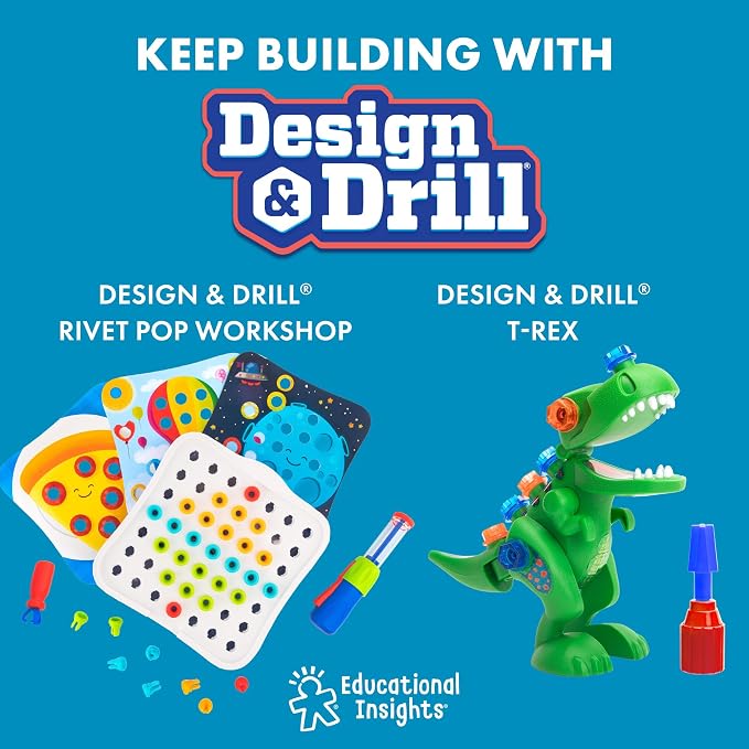 Educational Insights Design & Drill Rivet Pop Cafe - Fine Motor Toys for Toddlers 3-4, Creative Construction Toys, Pop Rivet Set with Real Tools for Kids, Toddler STEM Toy, Independent Learning