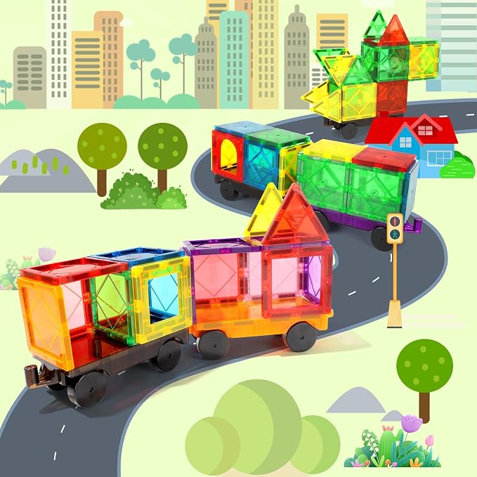 Mruikeny Magnetic Tiles Cars Construction Set - 4 PCS Magnet Cars Set | Magnetic Tiles Magnet Bricks Truck Sensory Toys, Educational Building Blocks for 3 4 5 6 7 8+ Year Old Girls Boys