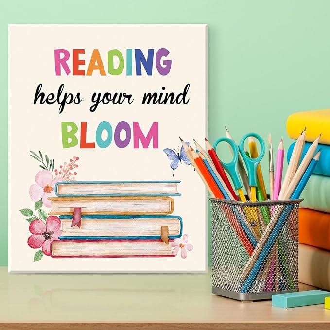 HOURIA 6Pcs Framed Classroom Reading Corner Canvas Wall Art(8"x10"),Inspirational Classroom Library Poster Wall Decor, So Many Books So Little Time Art Print for Nursery Middle School Student