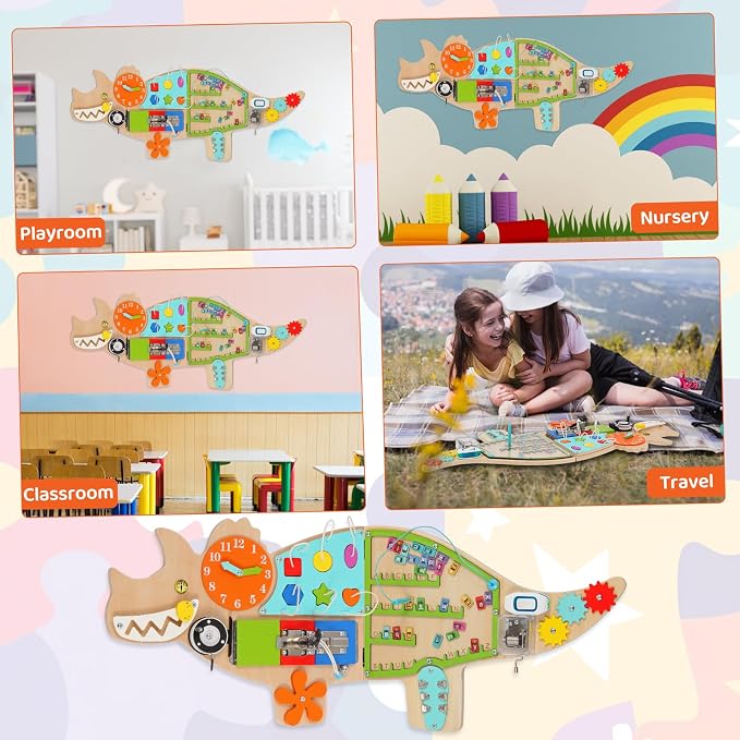 FIIOEOY Dinosaur Wall Busy Board,11-in-1 Montessori Wall Activity Board | Foldable Wooden Sensory Wall Panel for Kids, Wall-Mounted Busy Board, Perfect for Playroom, Daycare, Waiting Room & Nursery