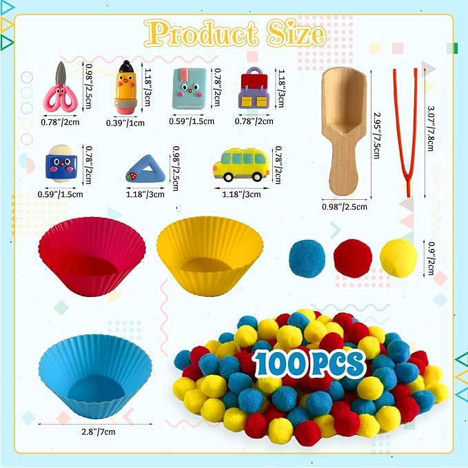 154Pcs Back to School Sensory Bin Filler Fine Motor Toys Stationery Sensory Bin Items Counting Sorting Toy for Preschool Education Activities Include Pom Poms Pen Scissors Notebooks Cup
