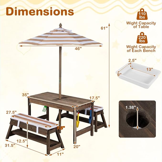 Costzon 4-in-1 Kids Picnic Table with Umbrella, Sand & Water Sensory Bins | Wooden Toddler Outdoor Table with Benches, Cushions, Cover, Gardening Tools, Kids Outdoor Furniture for Patio Backyard