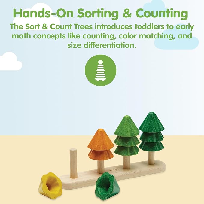 PlanToys® Wooden Sort & Count Trees Montessori Kids Counting Stacking Toy | wooden sort count trees, montessori counting stacking, numbers colour sorting logical thinking, educational learning, toddler