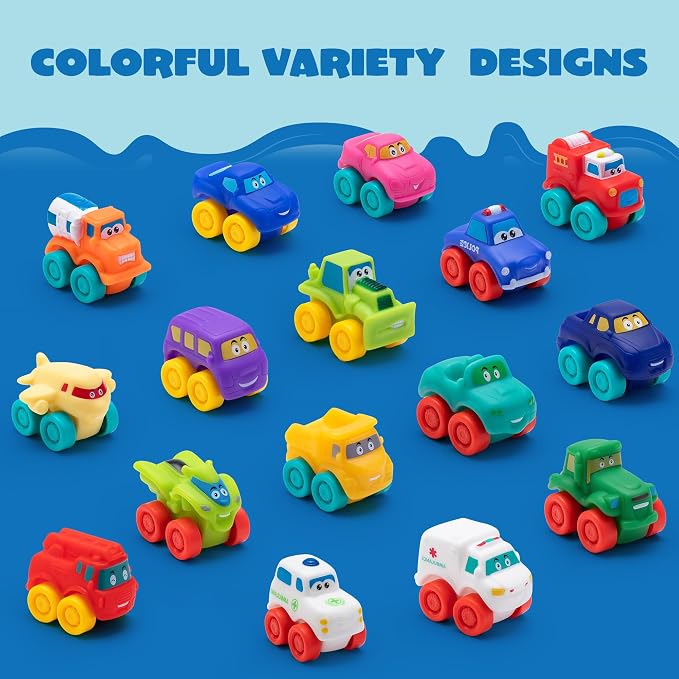 JOYIN Cartoon Cars, Soft Rubber Toy Car Set, Mini Vehicles, Bath Toy Car for Kids, Christmas Great Gift for Boys and Girls, Summer Beach and Pool Activity, Party Favors for Kids