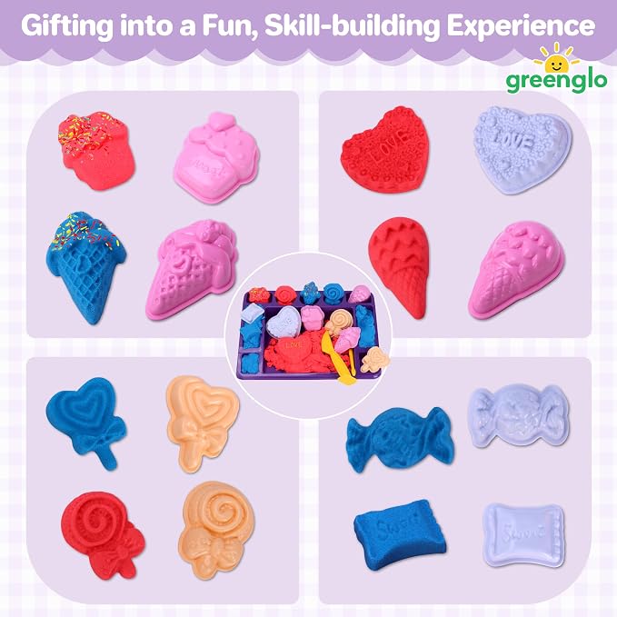 greenglo Sensory Sand Kit for Kids - 0.88 LBS with 12 Molds & Ice Cream Display Tray Sandbox - Kids' Sand Playset Ages 3-8 Creative Sensory Bin Play