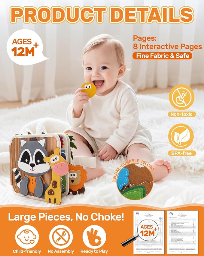 Busy Book for Toddlers 1-3, Busy Board for 1 Year Old, Montessori Toys | Baby Felt Activity Quiet Books, Toddler Travel Toys for Plane & Car, Preschool Educational Learning, Boys Girls Birthday Gift