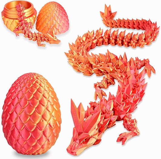 12" 3D Printed Dragon Eggs with Dragon, Articulated 3D Fidget Toys for Kids | Crystal 3D Dragon Toys for Boys Girls, Small 3d Printed Animals, Dino Dinosaur Eggs Toys, Easter Basket Stuffers（Red Gold）