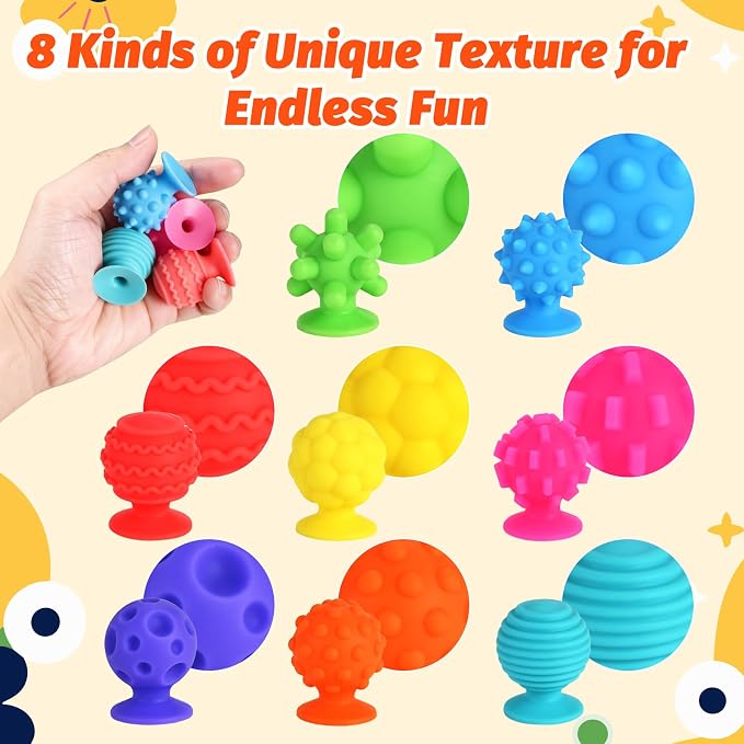 GOLDGE 16 Pack Sensory Fidget Toys for Kids, Textured Suction Cup Toys | 8 Colors Silicone Stress Relief Toys for Autism, Calm Corner Supplies for Classroom, Stocking Stuffers, Road Trip