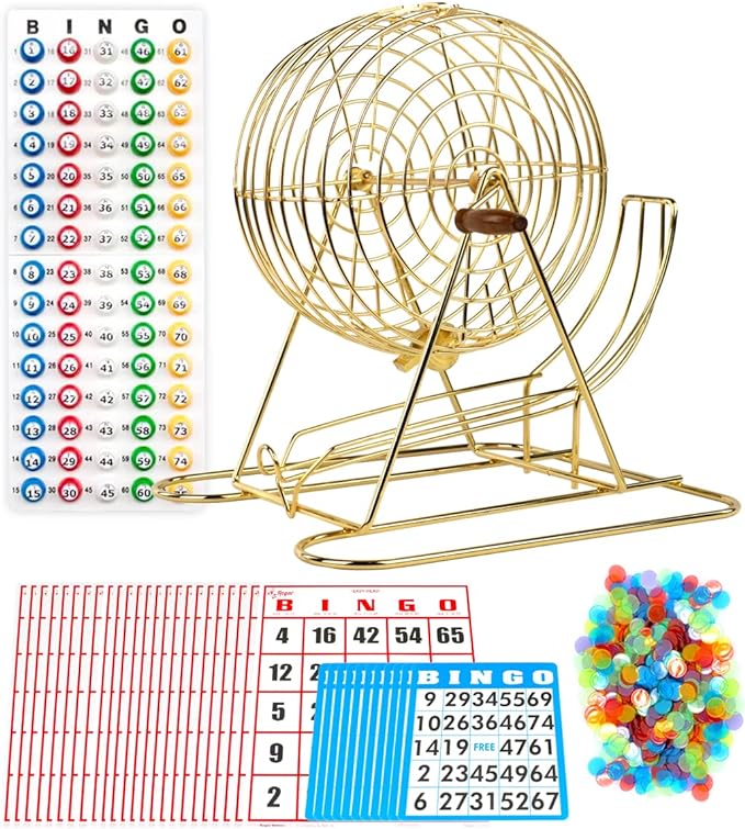 Regal Bingo Gold Professional Bingo Game Set with 11" Wheel Cage, 75 Bingo Balls, Master Board, 18 Bingo Cards & 25 Jumbo Reusable Cards, and Colorful Chips - Bingo Games for Adults Large Group