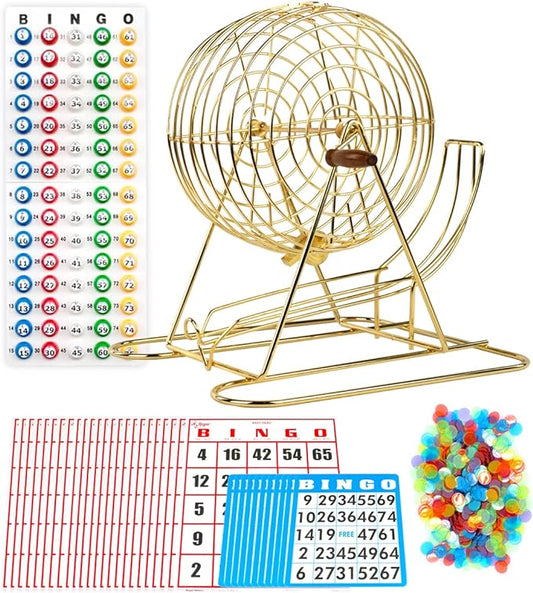 Regal Bingo Gold Professional Bingo Game Set with 11" Wheel Cage, 75 Bingo Balls, Master Board, 18 Bingo Cards & 25 Jumbo Reusable Cards, and Colorful Chips - Bingo Games for Adults Large Group