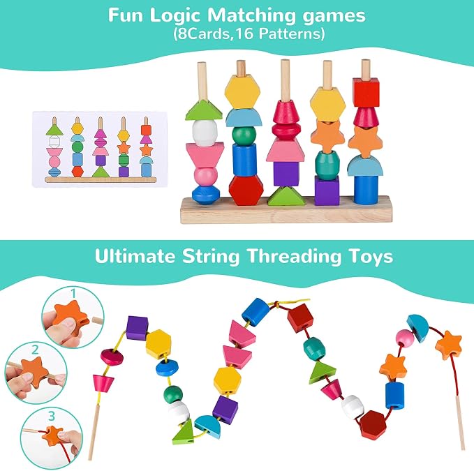 Montessori Bead Sequencing Toy Set, Wooden Stacking Blocks & Lacing Beads & Matching Shape Colors Stacker, Montessori Toys for 3 4 5 Year Old, Toddlers Preschool Learning Fine Motor Skills Toys