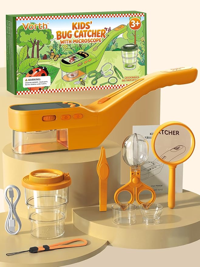 Bug Catcher for Kids with Microscope, Bug Catching Kit-Orange | Kids Microscope, Outdoor Toys with Magnifier, Tweezers & Insect Box, STEM Educational Birthday Gift for Kids Ages 3-12