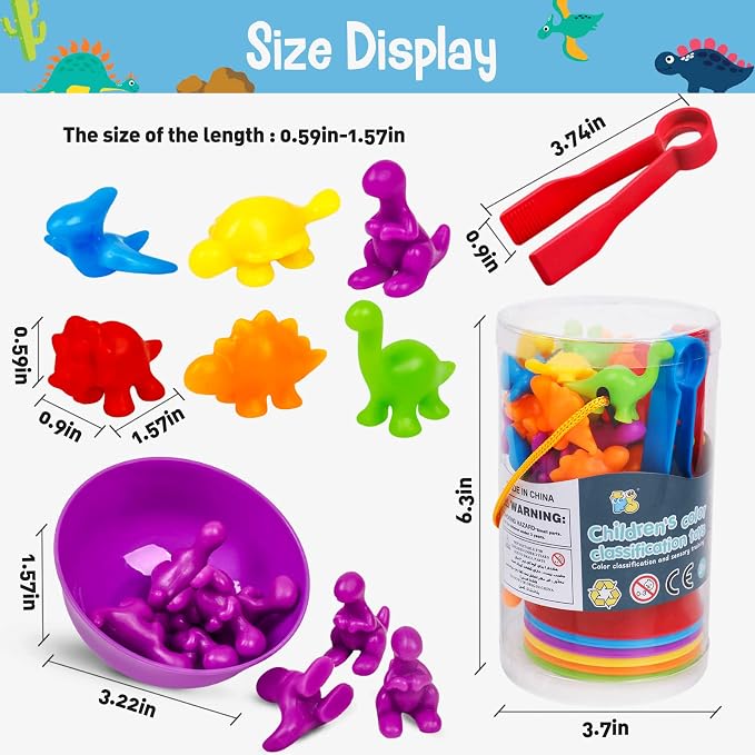 Counting Dinosaurs Color Sorting Toys with Rainbow Bowls,Sensory Training & Counting Activity Montessori Education Learning Activities Easter Basket Stuffers Gifts for Boys Girls