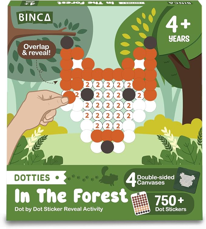 BINCA Dotties Dot Art Activity Kit, 750+ Stickers, Forest Animals Mess-Free Activities, DIY Dot Sticker Art, Kids Travel Activities, Gifts for Boys & Girls Ages 4,5,6,7