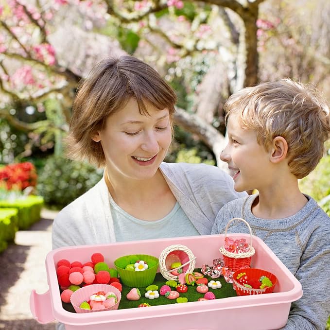 Cinrobiye 192 Pcs Strawberry Theme Activity Fillers Set with Storage Box, Summer Fruit Accessories, Artificial Grass Mat, Flowers, Pompoms & Decorative Materials for Classroom Activities, Home Project