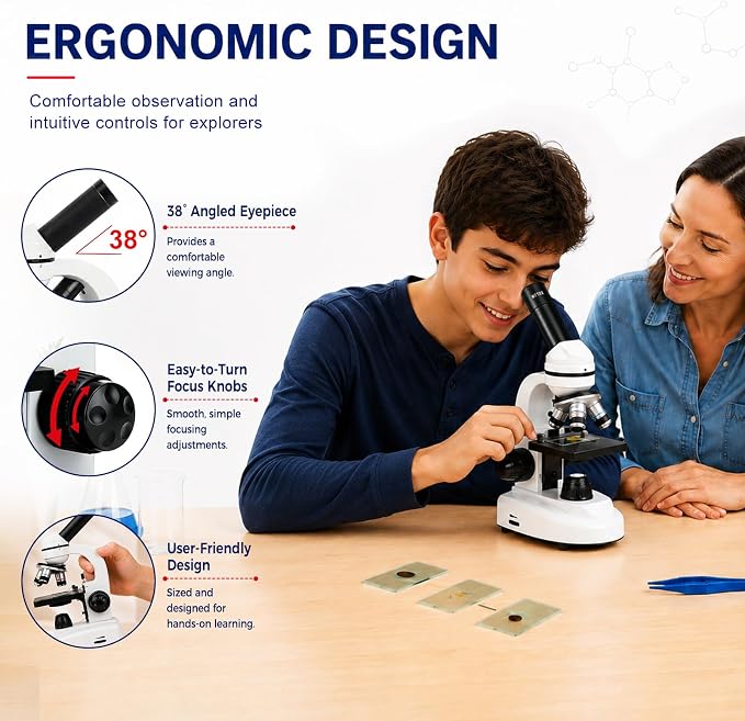 Microscope for Adults Students, 100X-2000X Metal STEM Microscope Kit | Dual LED Illumination, Complete Compound Microscope Kit for School Lab, Homeschool with Slides Set, Phone Adapter & Case Bag