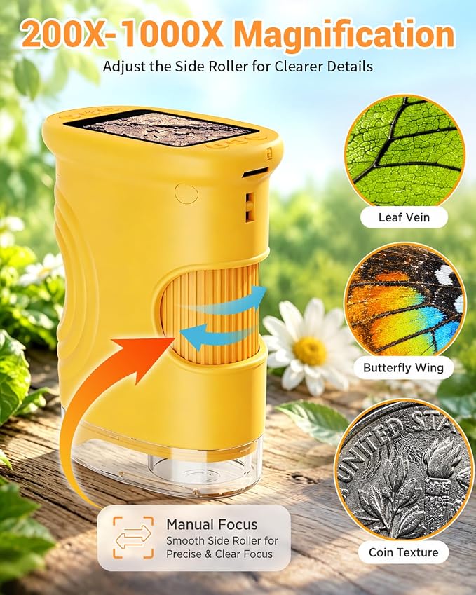 1000X Digital Handheld Microscope for Kids Portable Outdoor Toys & Gifts | 2.0" IPS Screen Magnifier, STEM Science Lab Magnifying Glass, Photo&Video Pocket Edu Toy for Boys & Girls Age 4-12, Orange