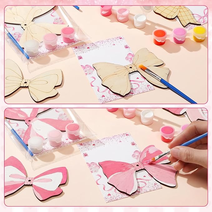 Saypacck 24 Pcs Pink Bow Party Favors Wooden Paint Craft Kits | Bow Themed Craft Activity, Girly Bow Designs for Birthday Parties, Bulk Favors for Goodie Bags,