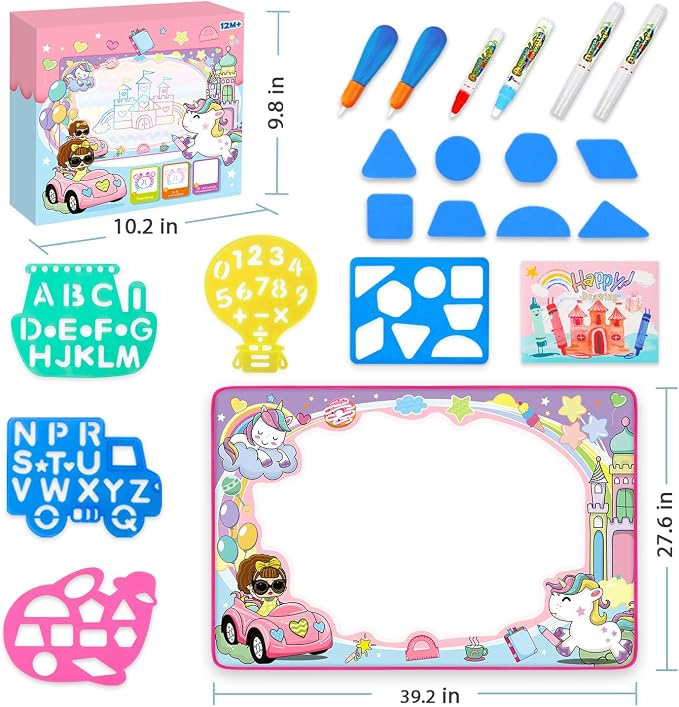 Magic Water Doodle Mat - Kids Painting Drawing Board, Gift Toy for Ages 2-9 | Perfect Water Doodle Mat - Kids Painting Drawing Board Toy, Color Magic Pens Deluxe Gift Set for Age 2-9 Girls Boys Toddlers