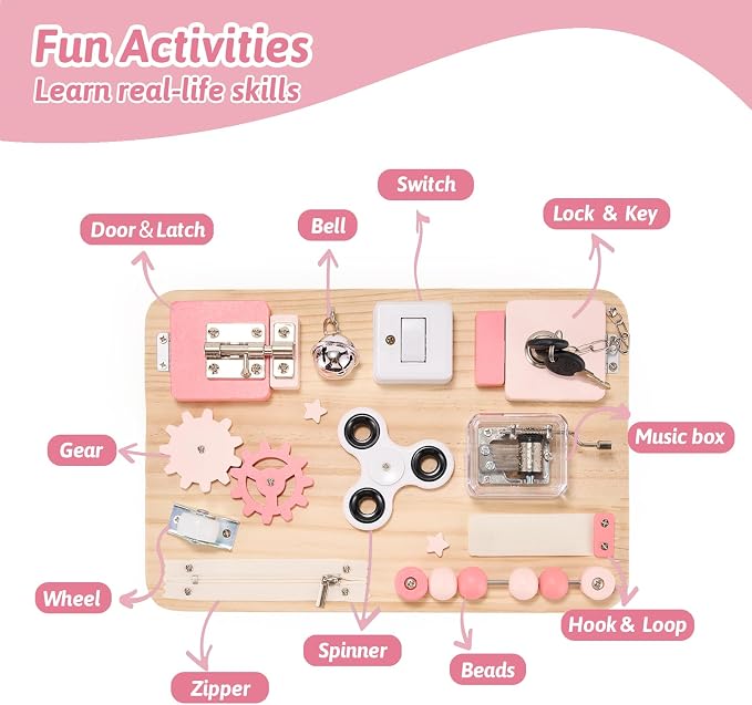 Potatomato Pink Montessori Wooden Busy Board – Sensory Toy for Toddlers – Educational Activity Board for Kids Fine Motor Skills– Travel Fidget Toy for Girls & Boys – Birthday Gift for Autism & ADHD