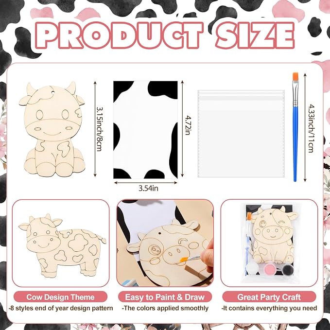Saypacck 24 Pcs Party Favors Wooden Painting Craft Kits Birthday Party Supplies with Organza Bag for Goodie Bags Fillers Adult Thank You Gifts(Cow)