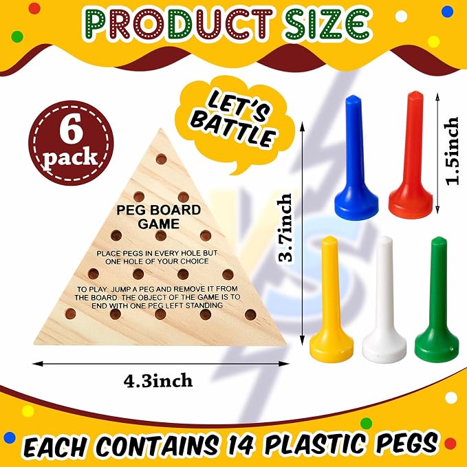Skylety 6 Pack Triangle Peg Games Wooden Board Table Game for Family Boys Girls Adults, Learning Toys Travel Peg Jump Toys Triangle Puzzle Brain Teaser Christmas Gifts (Multicolor)