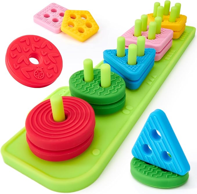 hahaland Silicone Sorting & Stacking Toys - Montessori Toys for 1 Year Old | Textured Soft Blocks, Shape Sorter, Color Sorting for Toddlers 1-3, Learning Sensory Baby Toy 1st One Year Old Birthday Gifts