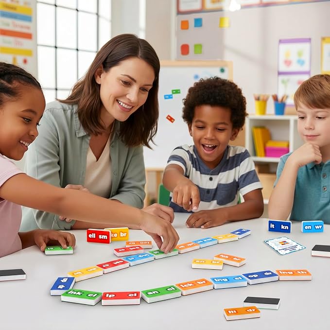 112 PCS Magnetic Phonics Dominoes, Magnetic Phonics Tiles — Simply Magic | Blend and Digraph Games for Classroom & Homeschool, Reading Manipulatives for Kids 6-7-8 years, Phonics Games, Word Building