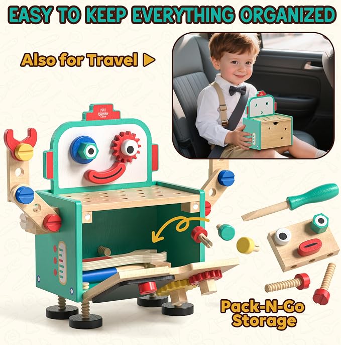 Lehoo Castle Kids Tool Set, Wooden Montessori Robot Tool Bench for Boys 3+ | Toolbox Workbench with Blackboard, STEM Construction Learning Toys for Kids Age 3-5, Birthday Gifts for Boys Girls
