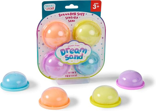Chuckle & Roar Dream Sand 4-Color Sensory Sand Set – Super Soft Smooth Moldable Sand, Never Dries Out, No Residue, Gluten-Free, Includes Storage Containers – On-the-Go Sensory Play for Kids Ages 3+