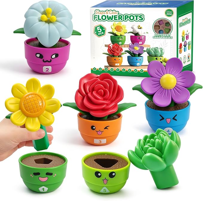 GEERAY 5 Sets Montessori Toddler Flower Garden Toys, Color Shape Sorting & Matching Game for Kids, Spring Toy Sensory Gardening Gift for 1 2 3 Year Old Girls & Boys, Preschool Classroom Learning