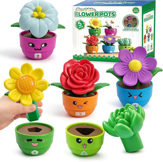 GEERAY 5 Sets Montessori Toddler Flower Garden Toys, Color Shape Sorting & Matching Game for Kids, Spring Toy Sensory Gardening Gift for 1 2 3 Year Old Girls & Boys, Preschool Classroom Learning