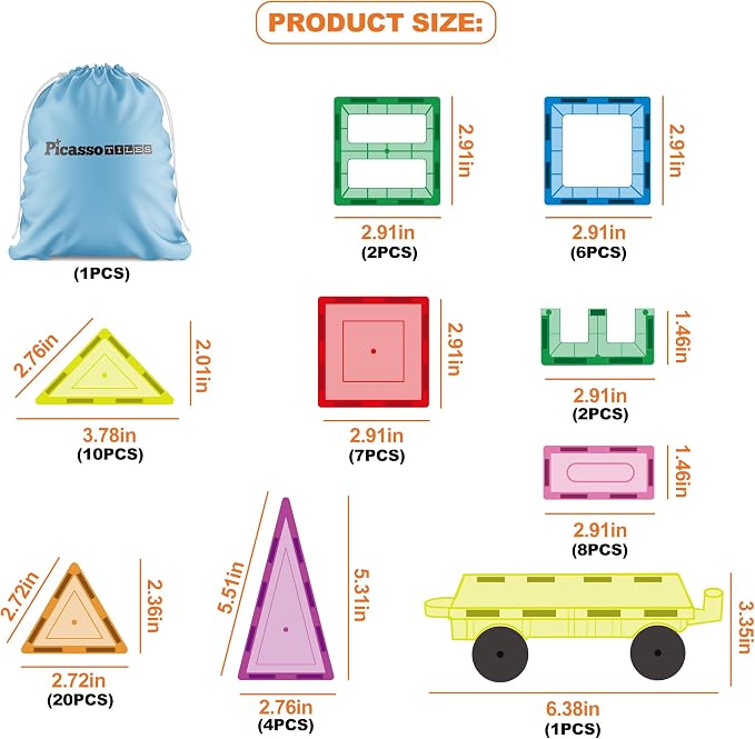 PicassoTiles Magnet Tile Building Blocks with Car Base Drawstring Storage Travel Bag Carry Case Magnetic Tiles Construction Toy STEM Learning Educational Kit Sensory Playset Preschool Kids 3+