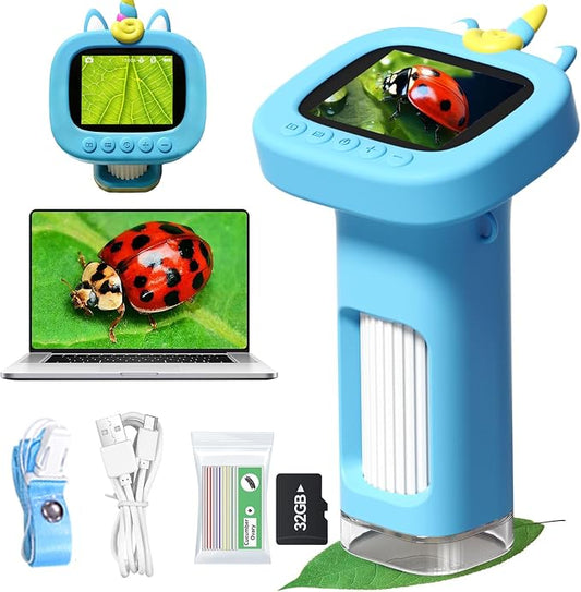 Microscope for Kids, Digital Handheld Kids Microscope with 10 Slides, Photo and Video Mini Portable Pocket Miniscope Science Toys Gifts for 3-12 Age Year Old Boys Girls (Blue)