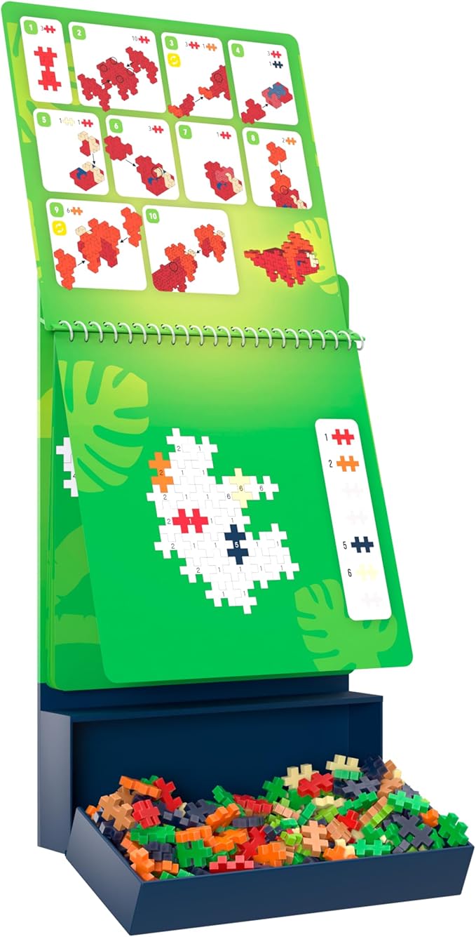 PLUS PLUS Puzzle By Number Activity Pad, Dinosaurs | Airplane Activities & Roadtrip Essentials for Kids, Interlocking Mini Building Blocks, 2D 3D Puzzle Stem Toy