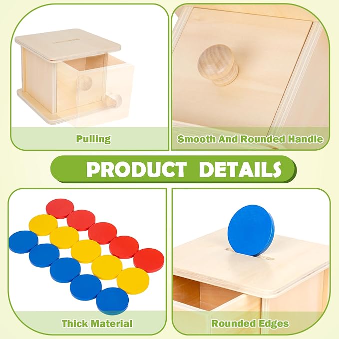 Adena Montessori Wooden Coin Box with Drawer Object Permanence 6-12 Months | Red yellow blue coins. Premium wood smooth. Explore opening and closing and inserting coins. Learning gift.