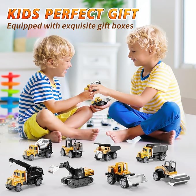 HONGTUO Alloy Mini Construction Vehicles, 8Pcs Die-cast Construction Toys | Excavators Mixer Truck Bulldozers Forklift Dump Truck, Pull Back Car, Construction Trucks Toys for Toddlers Kids Boys & Girls