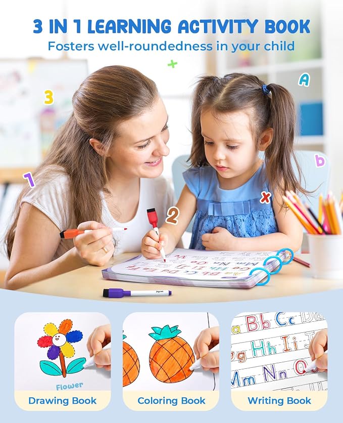 JoyCat Preschool Learning Activities 48 Reusable Pages for 3-8 | Handwriting Practice for Kids Toddlers, Tracing Letter Number Workbooks, Educational Autism Busy Book, Learning Gift Toys