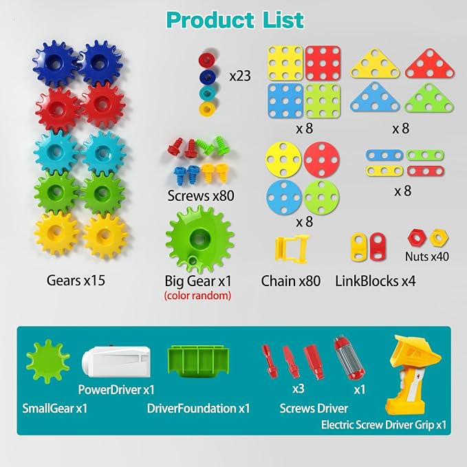 Gears toys for Kids Ages 4-8, STEM Educational Toys Gears Building Toy Set | 280PCS Electric drill toy; Engineering Building Blocks Learning Toy; Develop creativity & imagination; Gifts for Boys Girls