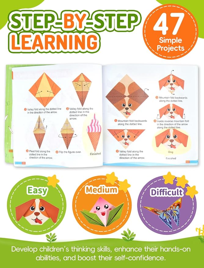 hapray Origami Kit for Kids, 98 Paper with 47 Patterns, Origami Book Video | DIY Art and Craft Projects with Video Tutorial, Beginners Origami Kit for Ages 5-12 8-12, Children's Day Gift Boy Girl