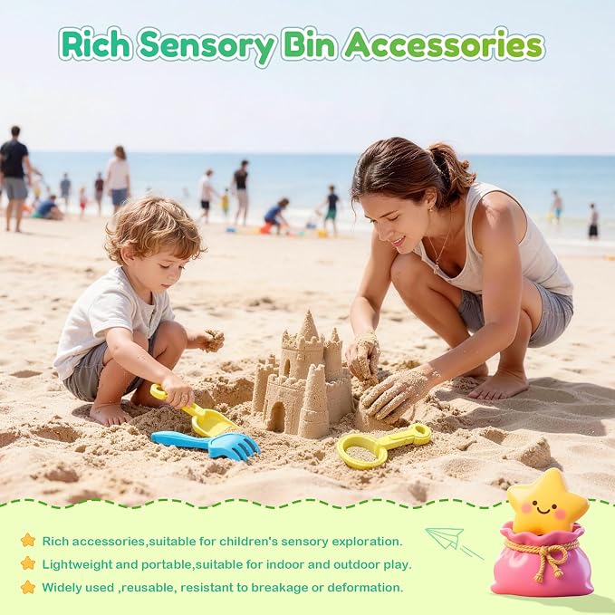 34PCS Sensory Bin Filler Tools,Fine Motor Skills Handy Sensory Bin Scooper Set with Scoops,Tweezers,Beach Shovels,Kettle,Rake,Sensory Table Bin Accessories for Counting Sorting Hammering Pounding
