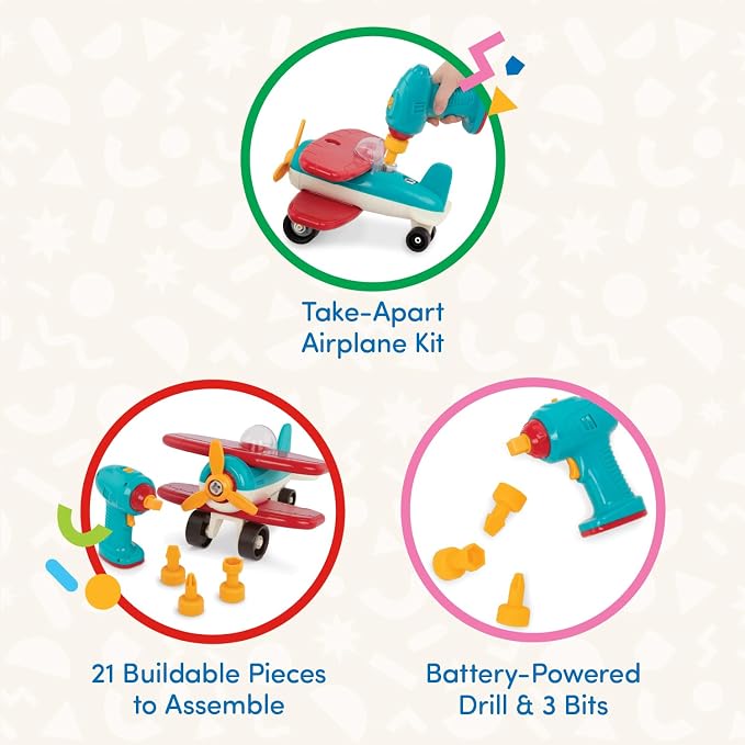Battat Airplane Construction Toy with Toy Drill, Plane, Vehicles, Take | 25-piece airplane playset with 21 parts, battery-powered drill, 3 bits, build-and-play pretend flights, Vehicles, 3+ Years