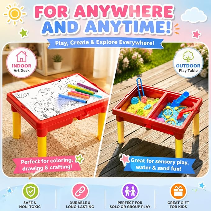 Carolart Sand Table, Indoor Outdoor Sensory Table Gift for Kids 3+ | Water Table for boys and girls, Standing sensory bin with sensory sand and tangram puzzle board