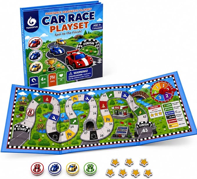 TRAVOFUN Magnetic Car Race Game | Travel Games for Kids Ages 4-8 | 2-player racing game with a foldable magnetic board keeps pieces secure for car rides, flights, and screen-free play.