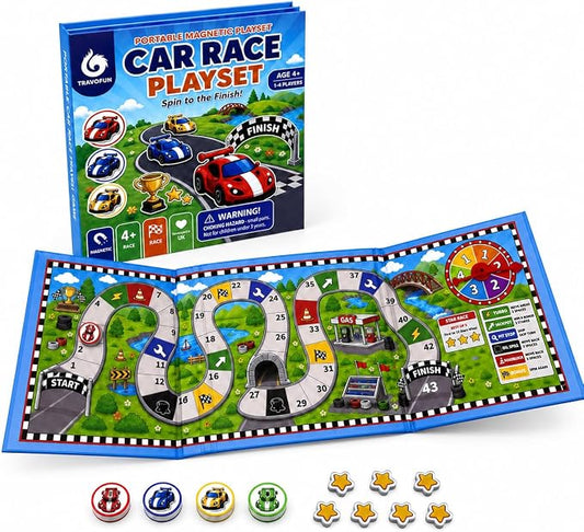 TRAVOFUN Magnetic Car Race Game | Travel Games for Kids Ages 4-8 | 2-player racing game with a foldable magnetic board keeps pieces secure for car rides, flights, and screen-free play.