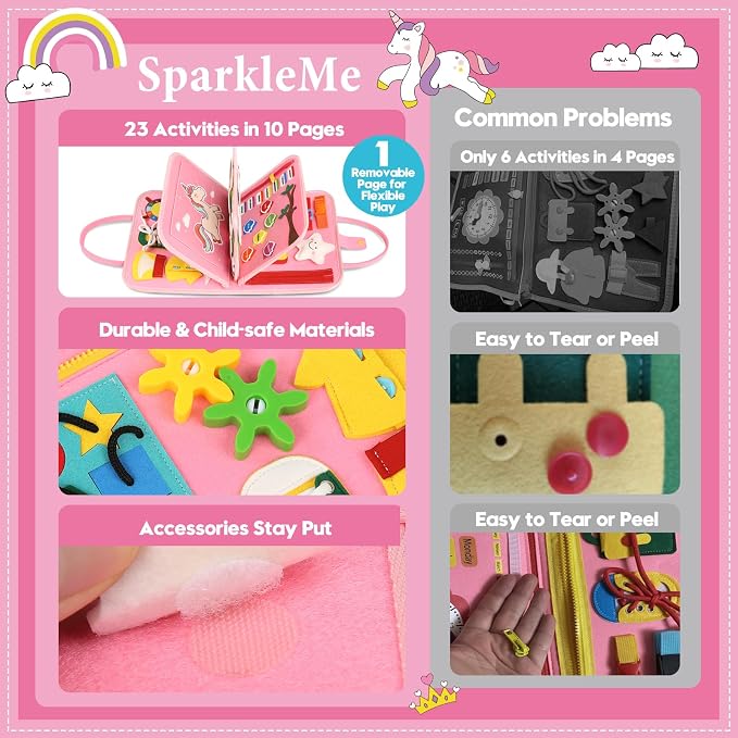 Toddler Sensory Busy Board: Travel Toy Activity Book for Girls Boys, Motor Skill Development Gift for Baby Aged 3-4 Years, Fine Educational Preschool Montessori Learning Toy for Car Airplane Unicorn