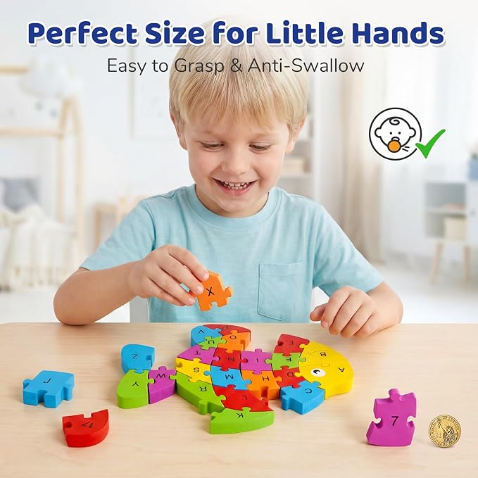 LovesTown Puzzle for Kids, Wooden, 3D Goldfish Shape | for Ages 3-5, Double-Sided, Alphabet Recognition, Number Counting, Fine Motor Skills, Montessori Educational Gifts