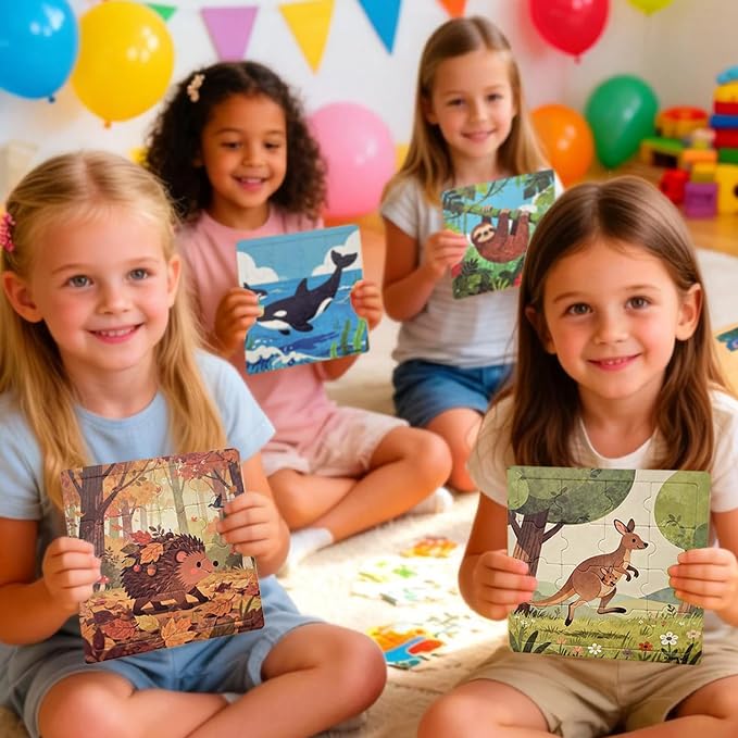 Puzzles for Kids Ages, 24 Pack 16 Pieces Jigsaw Puzzles | With Base Board, Individually Wrapped, Animal Educational Toys, Party Favors Birthday Gifts Classroom Rewards