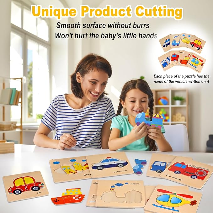 Wooden Puzzles for Toddlers 1-3, Toddler Puzzles Ages 2-4 | Montessori Toys for 1-3+ Year Old Learning Educational Preschool Toys for Boys Girls (Vehicle Theme)