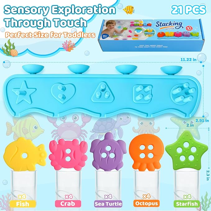 Mold Free Bath Toys for Kids Ages 1-3 Silicone Ocean Shape Sorters Toy | 21 Color Floats Sorting Stacking Bath Toys Toddlers 2-4 Early Learning Baby Shower Gifts for 1 2 3 4 Year Old Girls & Boys